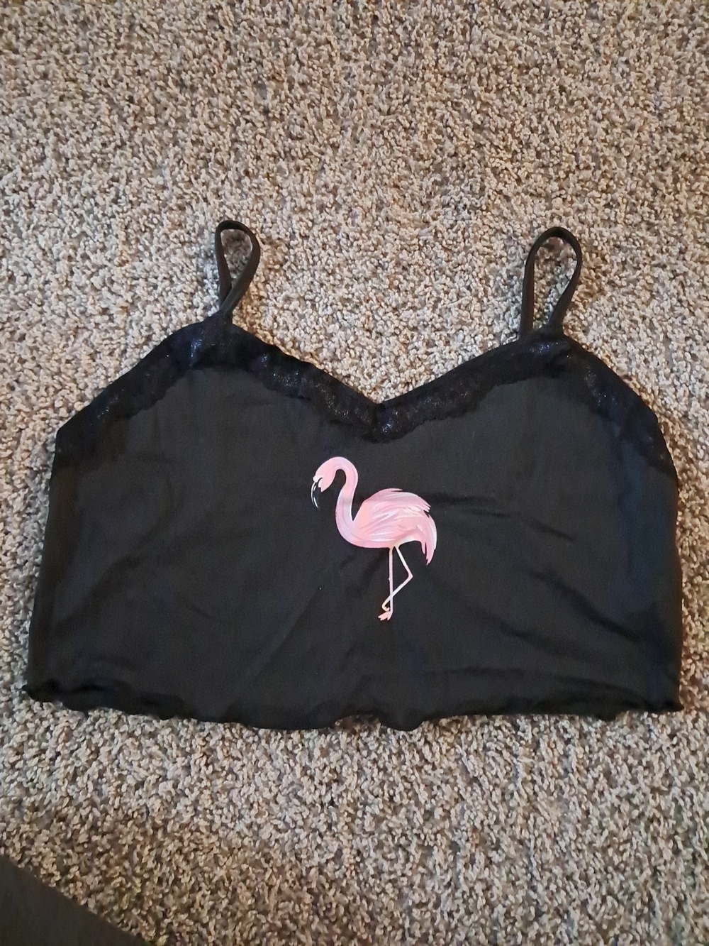 SHEIN Black Lace Cami with Pink Flamingo Print
